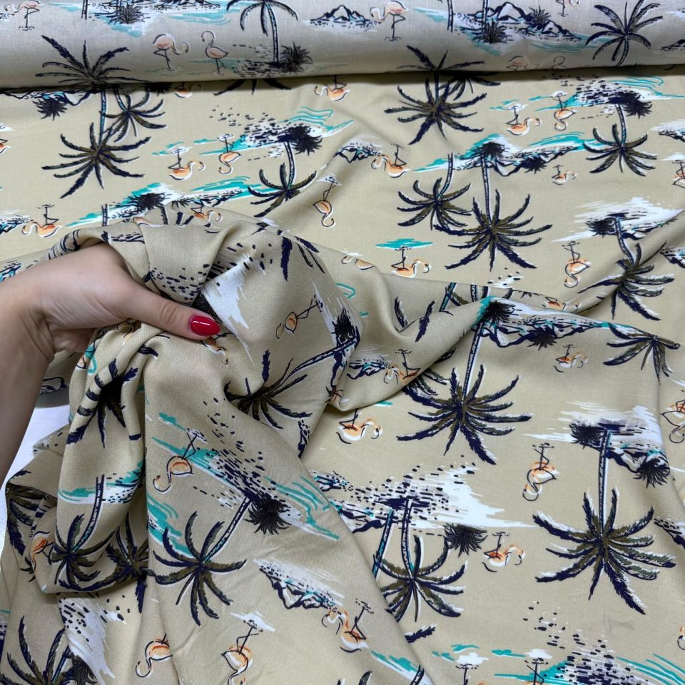 İthal Viskon Kumaş %100 Pamuk Çift En Flamingo & Palmiye Desenli Krem Renk