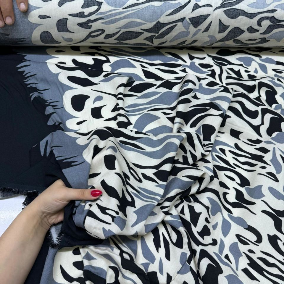 İthal Viskon Kumaş %100 Pamuk Çift En Sulu Desen Antrasit Renk