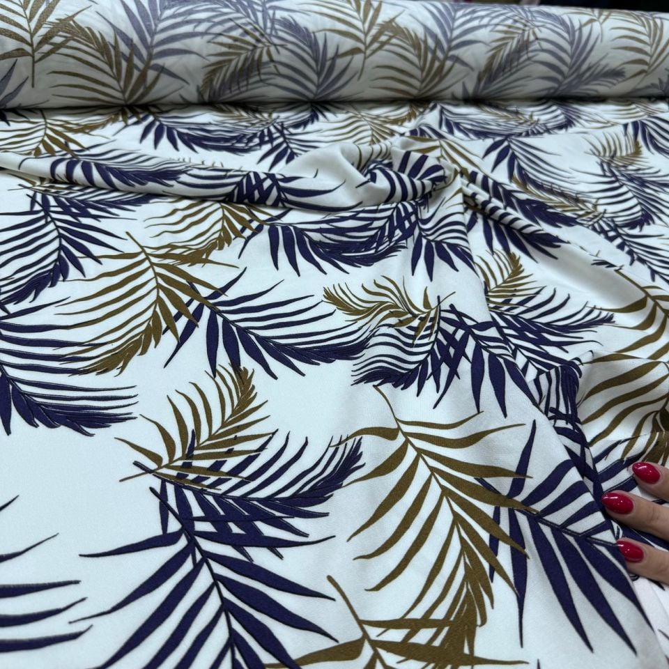 İthal Viskon Kumaş %100 Pamuk Çift En Lacivert Hardal Yaprak Desen