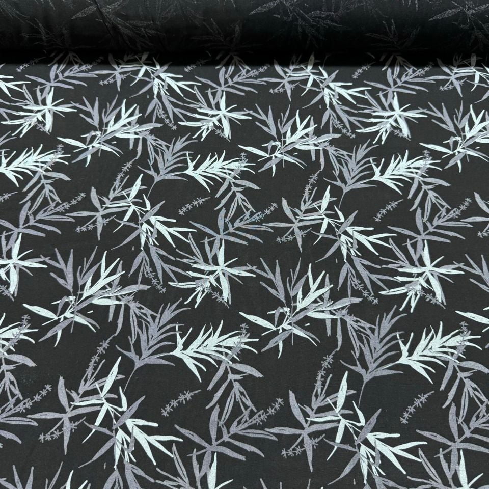 İthal Viskon Kumaş %100 Pamuk Çift En Yaprak Desenli Siyah Renk