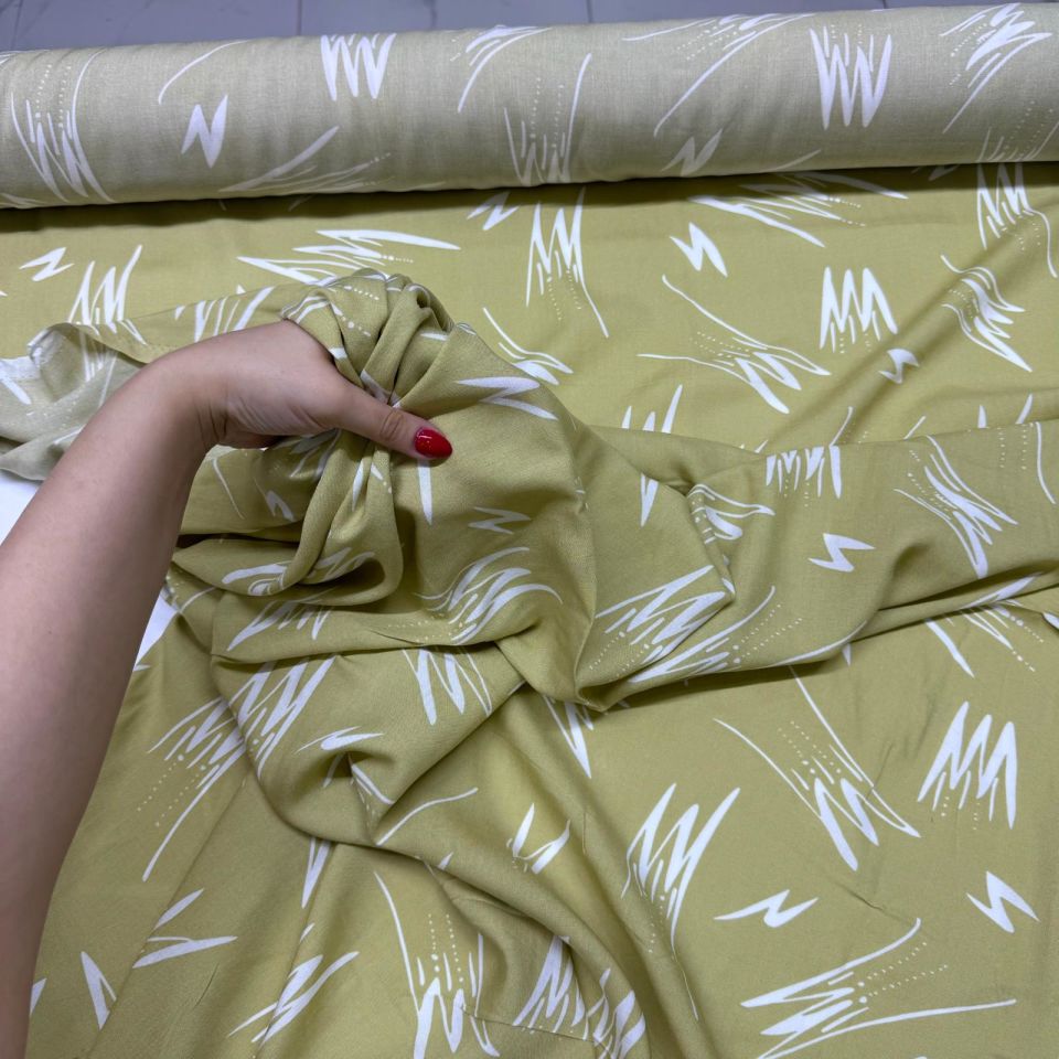 İthal Viskon Kumaş %100 Pamuk Çift En Limon Yeşili Desenli