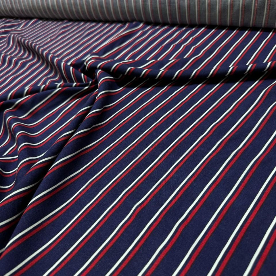 İthal Viskon Kumaş %100 Pamuk Çift En Bordo & Lacivert Renk Boyuna Çizgi Desenli