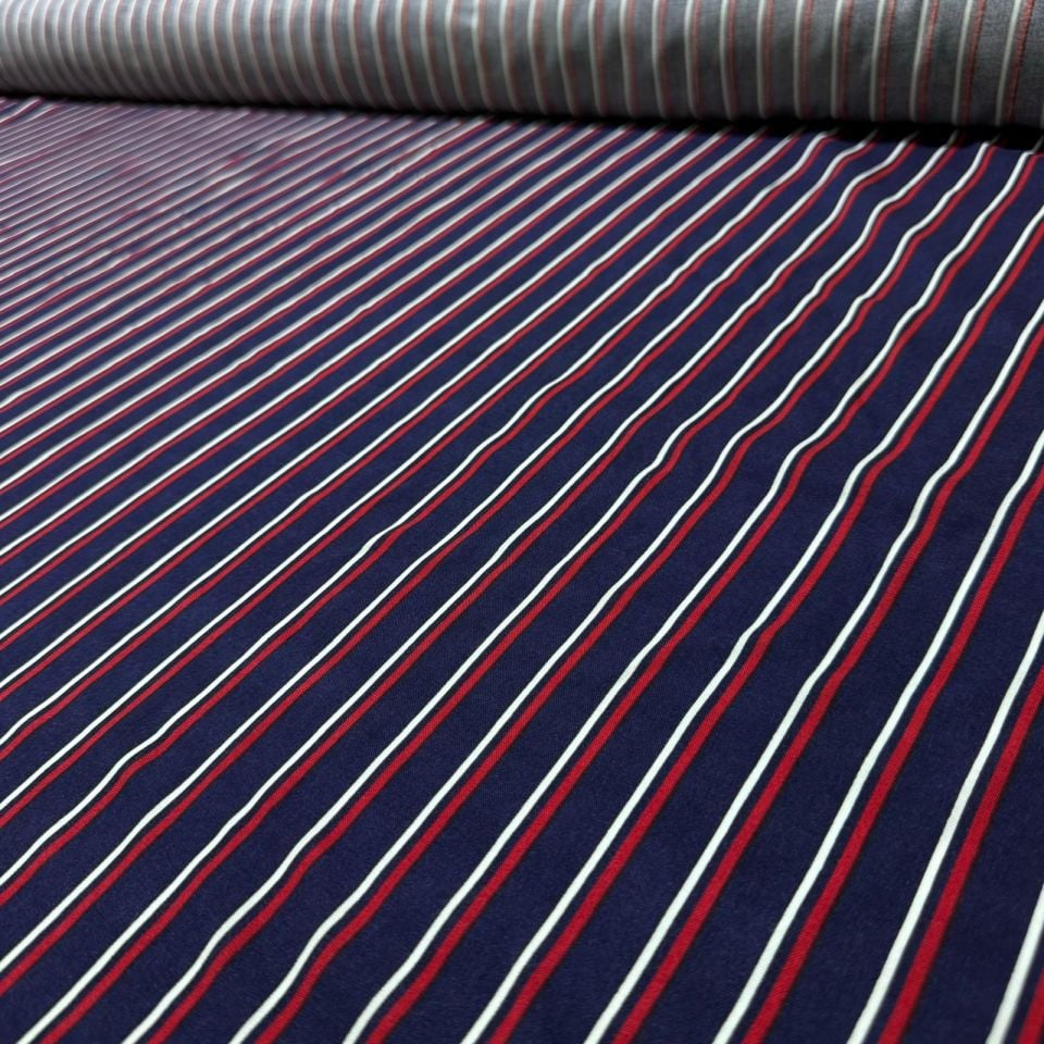 İthal Viskon Kumaş %100 Pamuk Çift En Bordo & Lacivert Renk Boyuna Çizgi Desenli