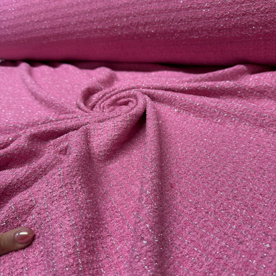 Tüvit Şanel Kumaş Buklet Çift En Bebe Pembe Simli Çizgili Desen