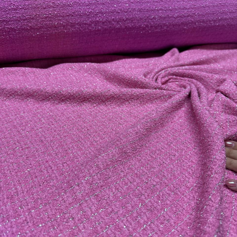 Tüvit Şanel Kumaş Buklet Çift En Bebe Pembe Simli Çizgili Desen