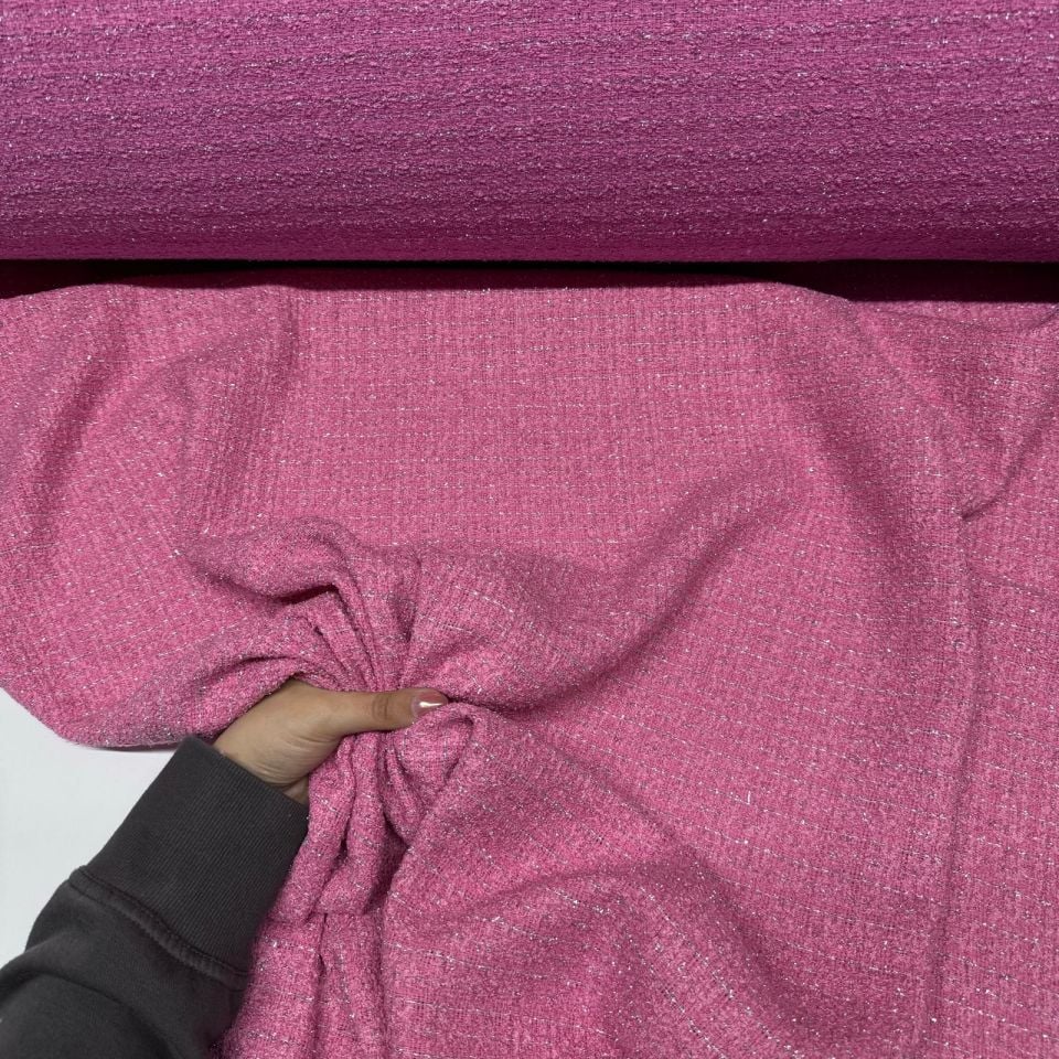 Tüvit Şanel Kumaş Buklet Çift En Bebe Pembe Simli Çizgili Desen