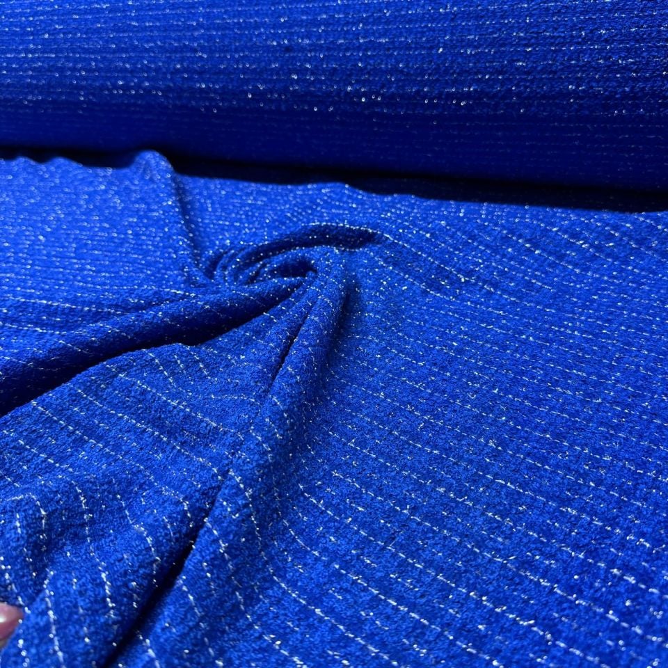 Tüvit Şanel Kumaş Buklet Çift En Lacivert Renk Simli Çizgili Desen