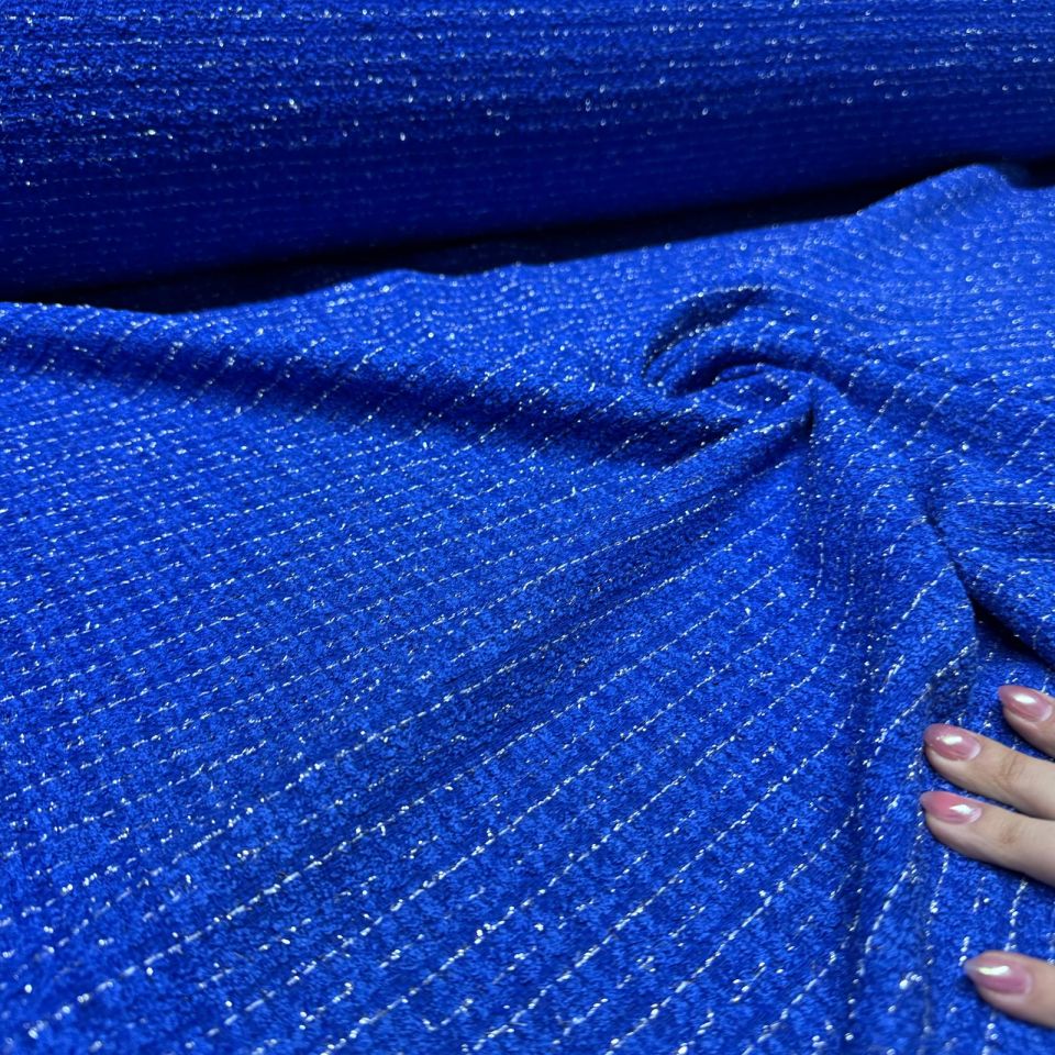 Tüvit Şanel Kumaş Buklet Çift En Lacivert Renk Simli Çizgili Desen