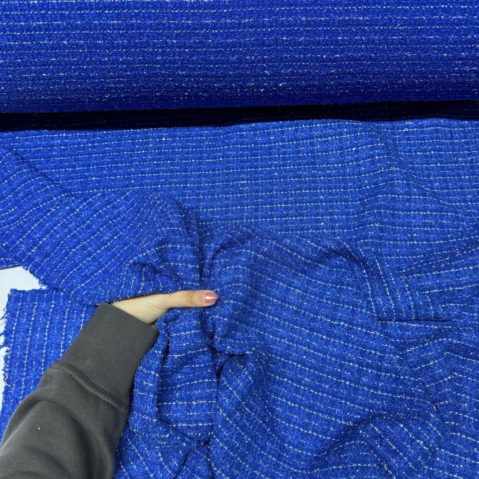 Tüvit Şanel Kumaş Buklet Çift En Lacivert Renk Simli Çizgili Desen