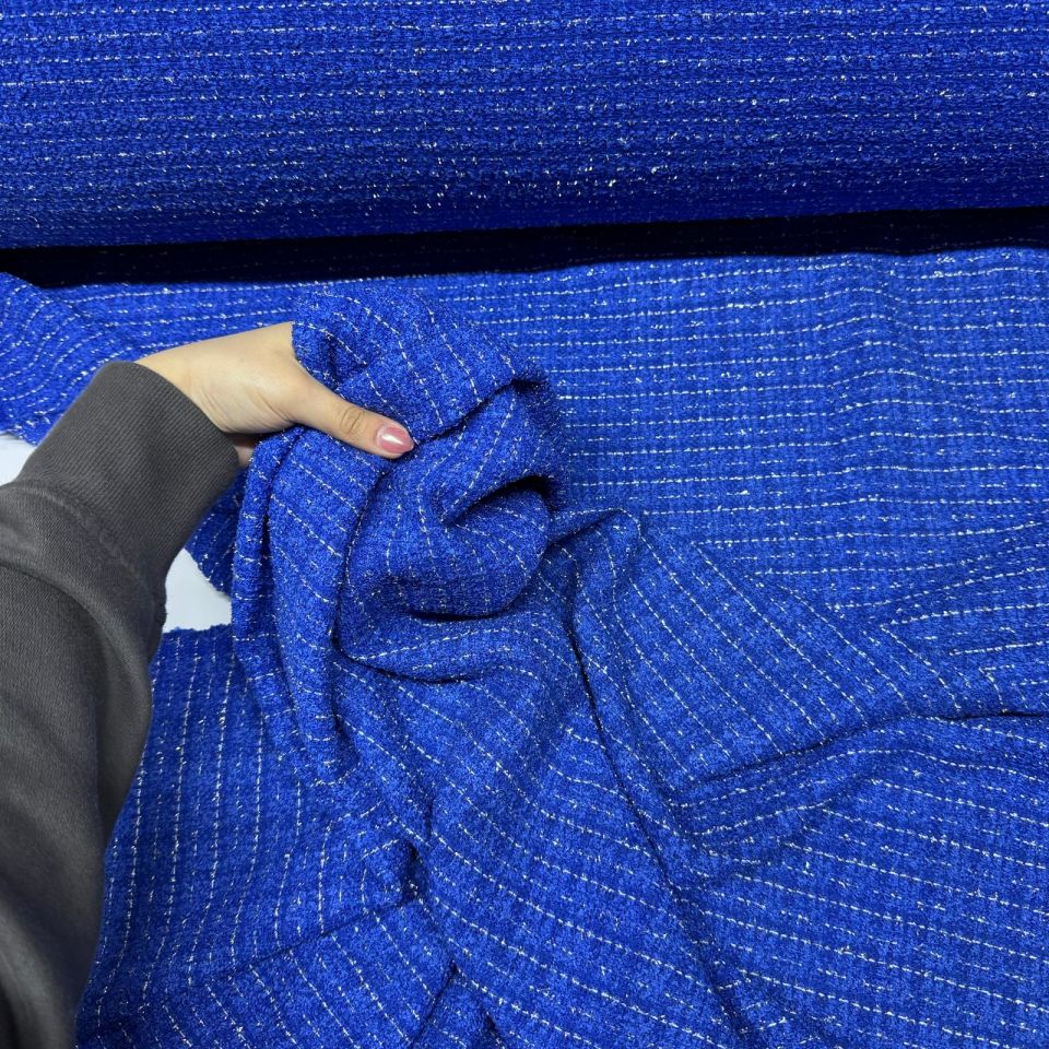 Tüvit Şanel Kumaş Buklet Çift En Lacivert Renk Simli Çizgili Desen