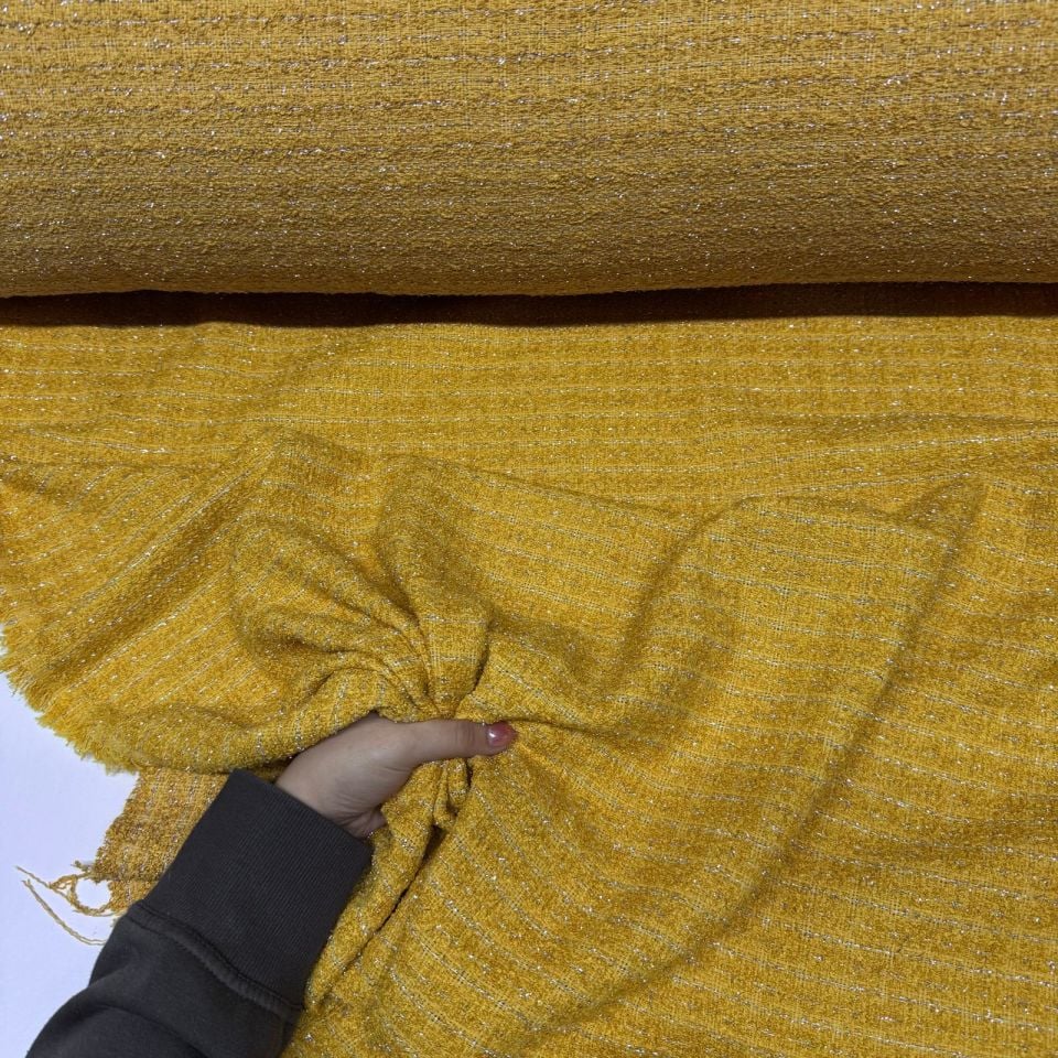 Tüvit Şanel Kumaş Buklet Çift En Sarı/Hardal Simli Çizgili Desen