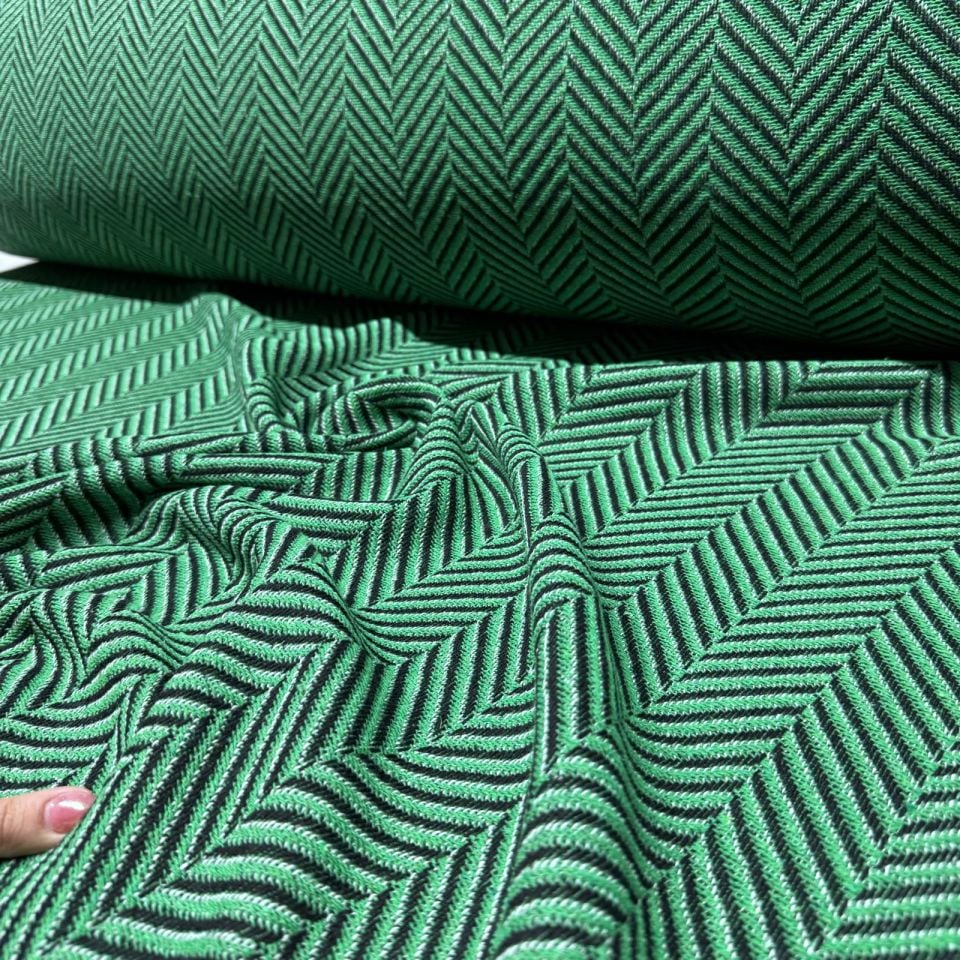 Tüvit Şanel Kumaş Zikzak Desenli Balıksırtı Kışlık Çift En Gri Yeşil Renk