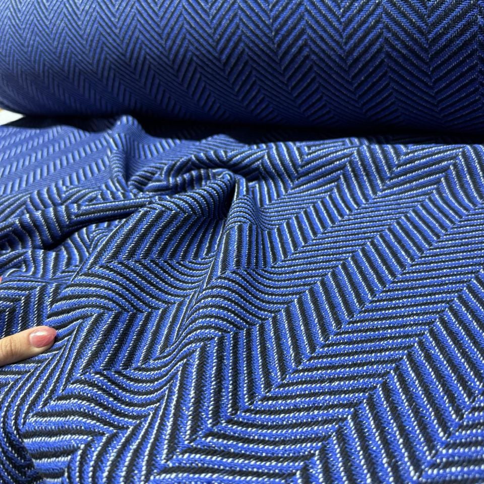 Tüvit Şanel Kumaş Zikzak Desenli Balıksırtı Kışlık Çift En Mavi