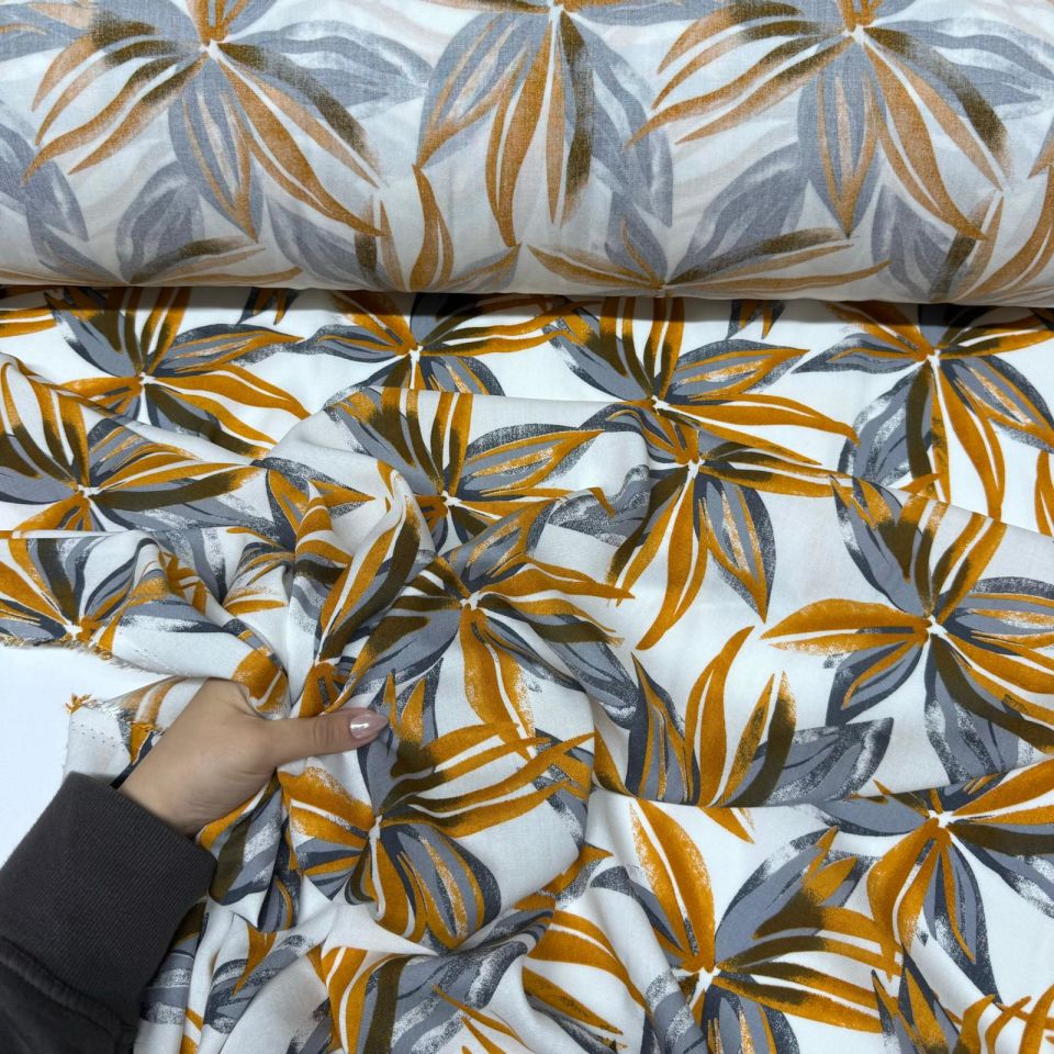 İthal Viskon Kumaş %100 Pamuk Çift En Büyük Çiçek Desen Turuncu Renk