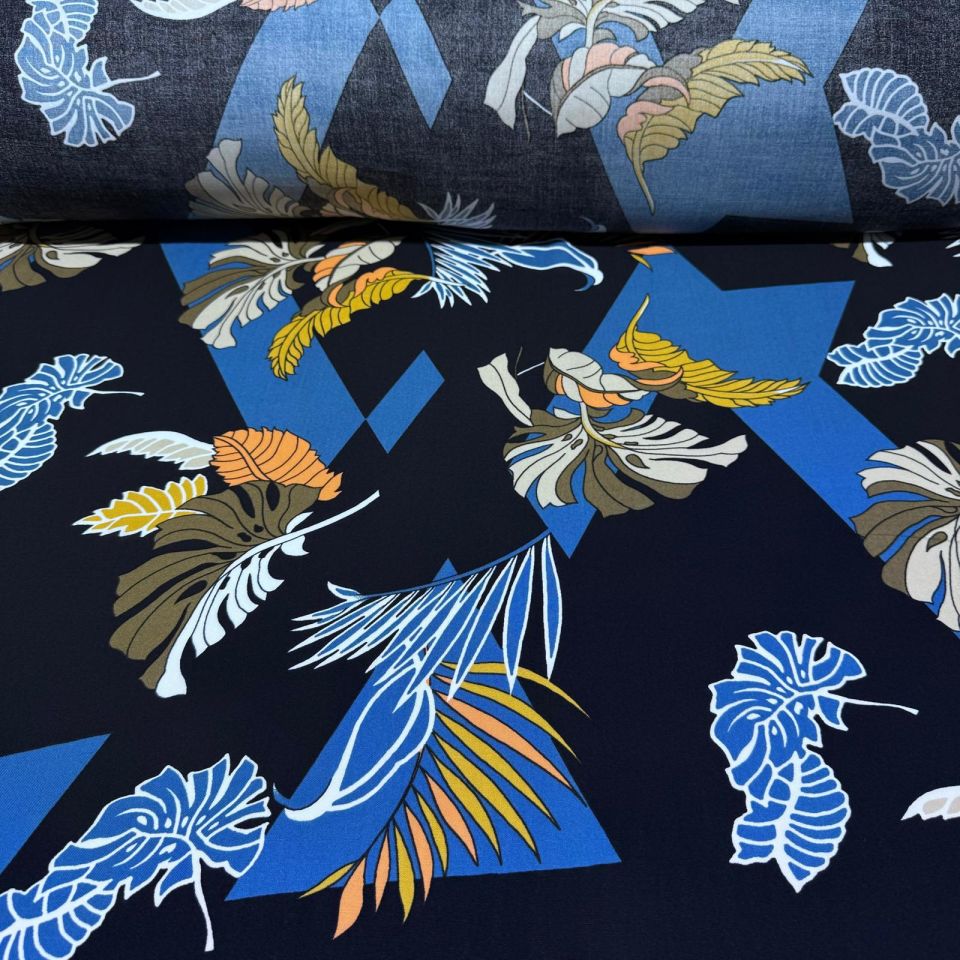 İthal Viskon Kumaş Lacivert Renk Büyük Çiçek&Yaprak Geometrik Desenli %100 Pamuk