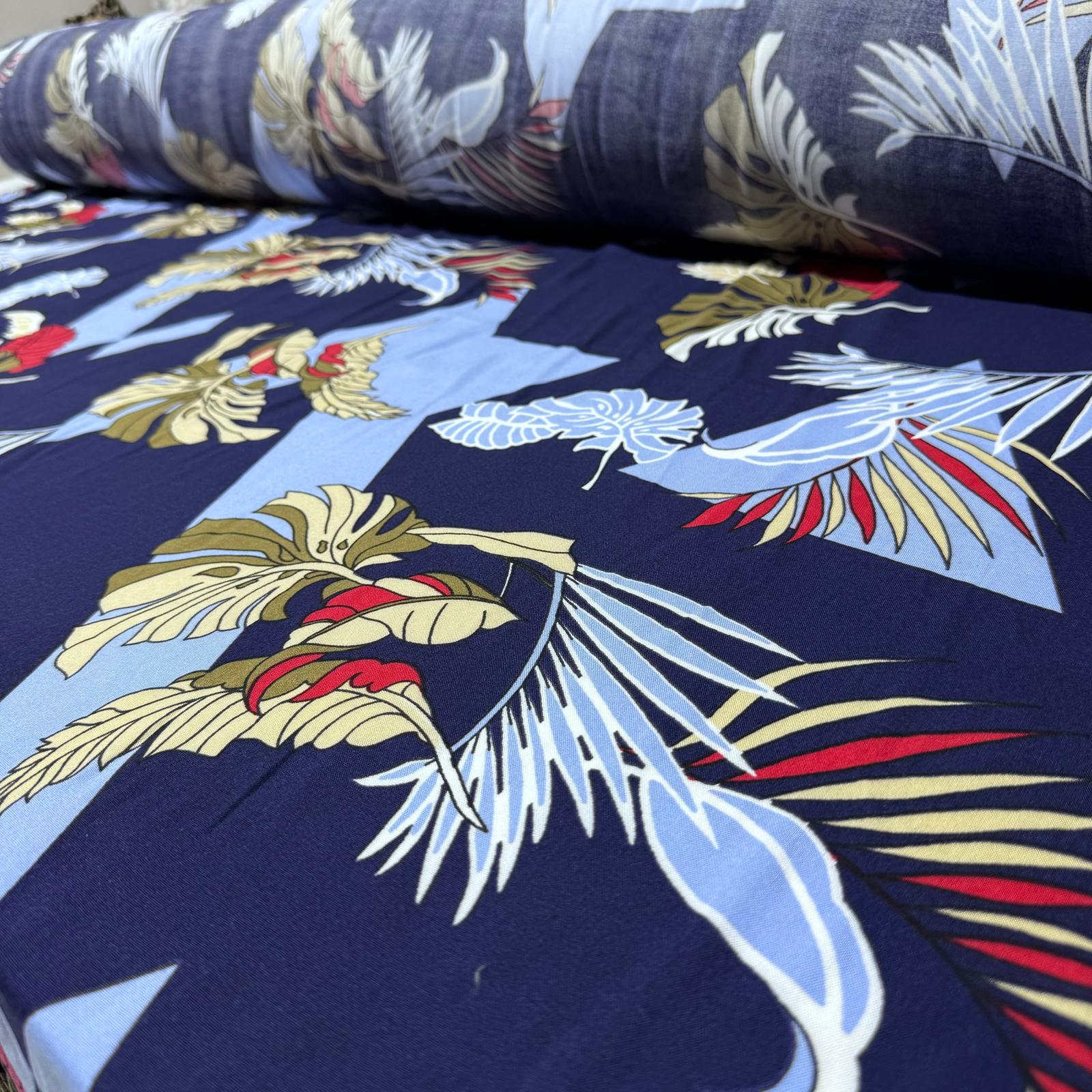 İthal Viskon Kumaş Mavi Renk Büyük Çiçek&Yaprak Geometrik Desenli %100 Pamuk