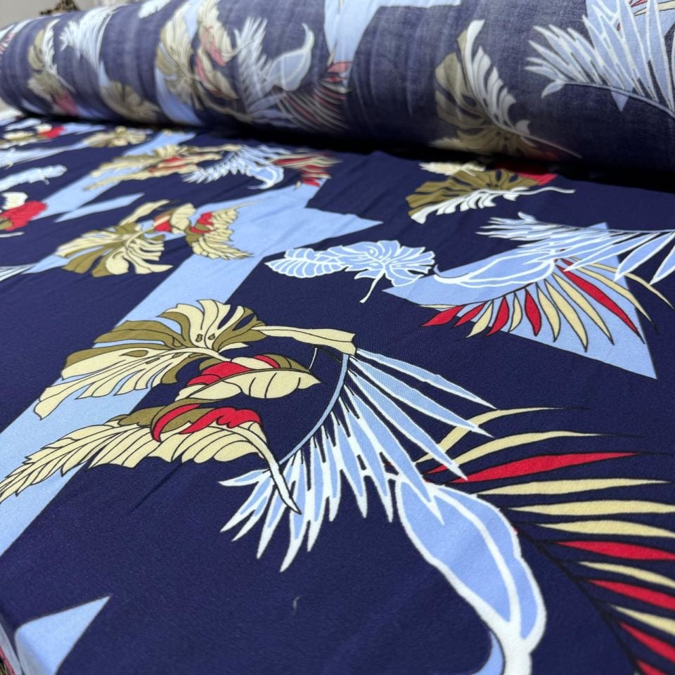 İthal Viskon Kumaş Mavi Renk Büyük Çiçek&Yaprak Geometrik Desenli %100 Pamuk