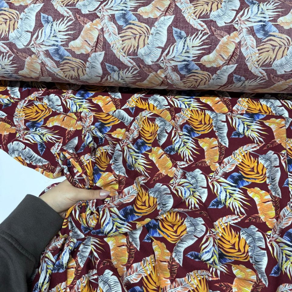 İthal Viskon Kumaş %100 Pamuk Çift En Bordo Zemin Turuncu Yaprak Desen
