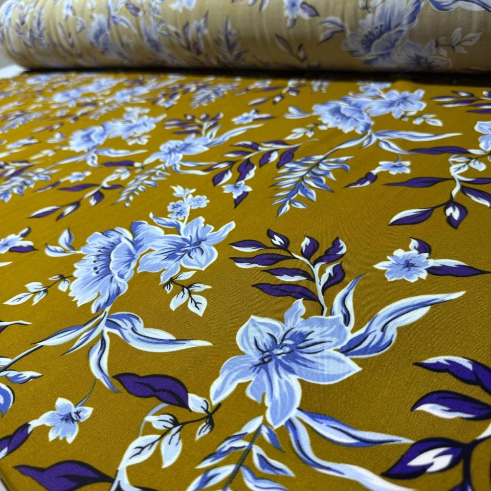 İthal Viskon Kumaş %100 Pamuk Çift En Çiçek Desenli Empirme Hardal