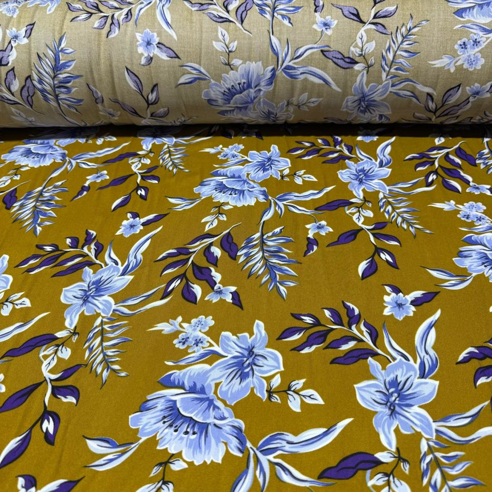 İthal Viskon Kumaş %100 Pamuk Çift En Çiçek Desenli Empirme Hardal