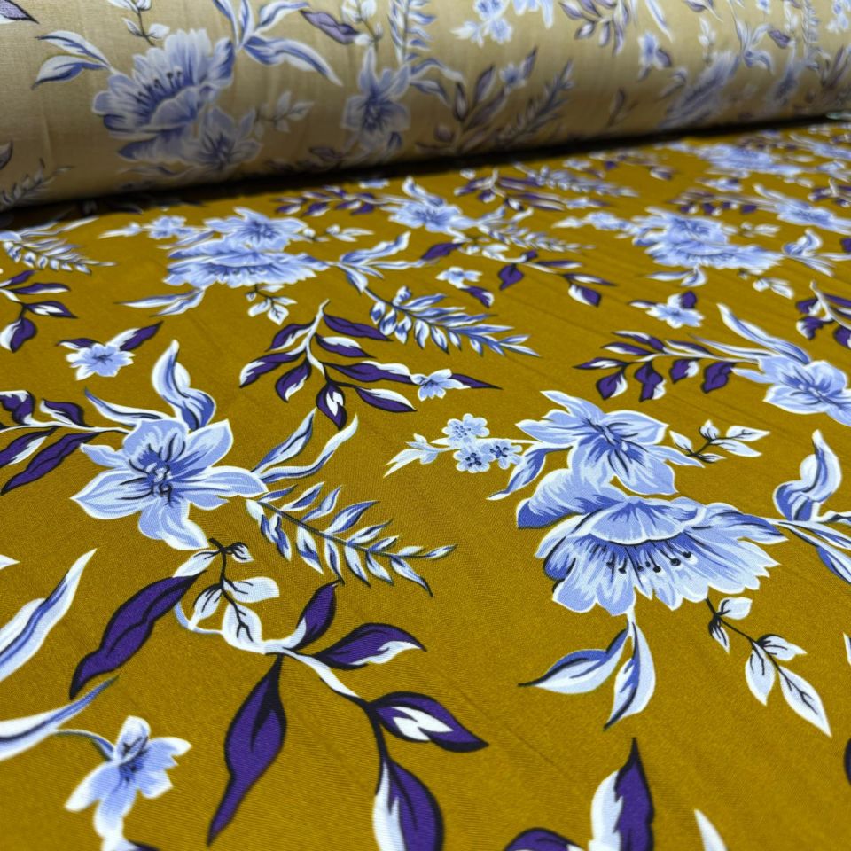 İthal Viskon Kumaş %100 Pamuk Çift En Çiçek Desenli Empirme Hardal