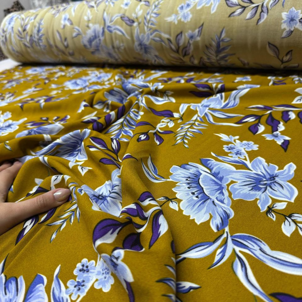 İthal Viskon Kumaş %100 Pamuk Çift En Çiçek Desenli Empirme Hardal