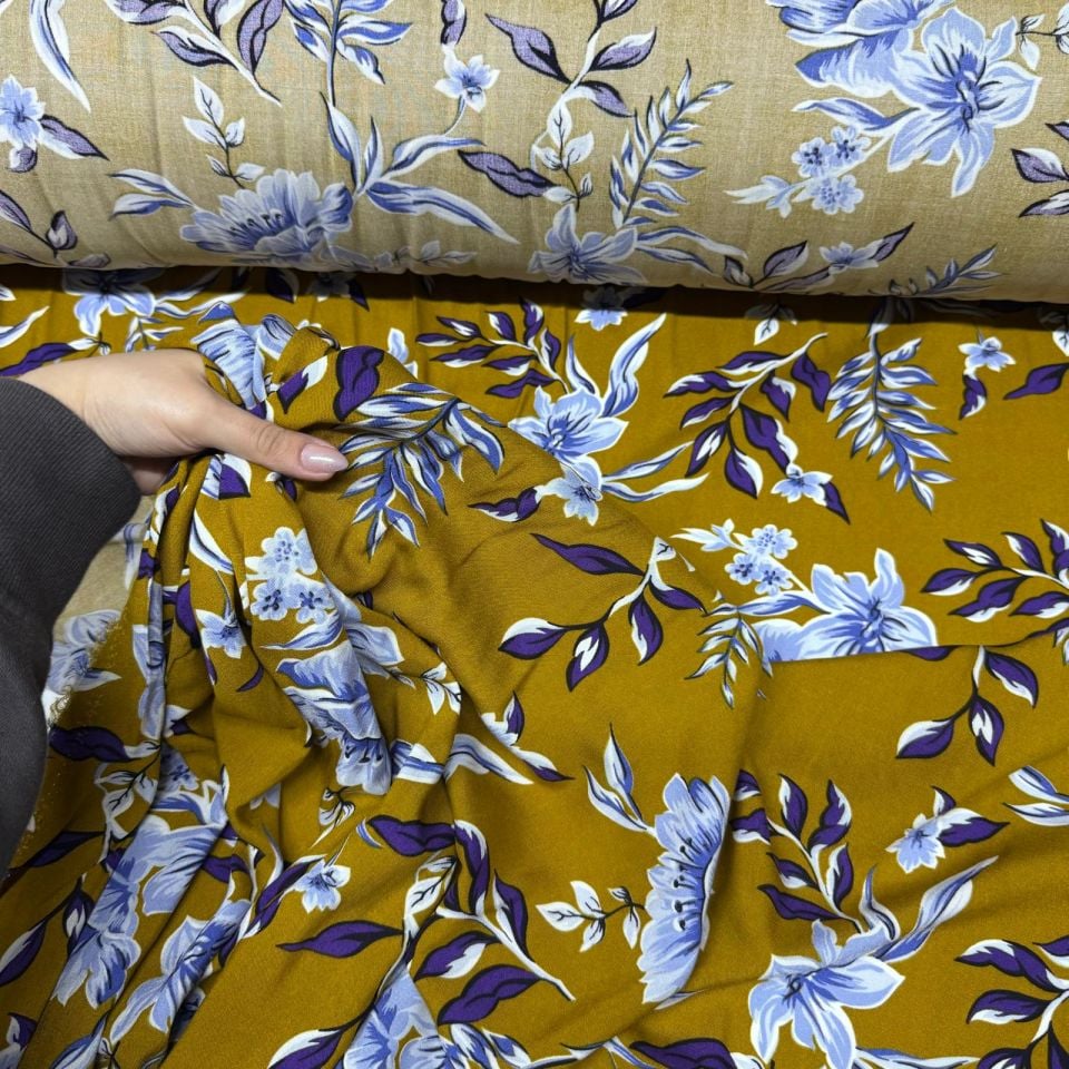 İthal Viskon Kumaş %100 Pamuk Çift En Çiçek Desenli Empirme Hardal