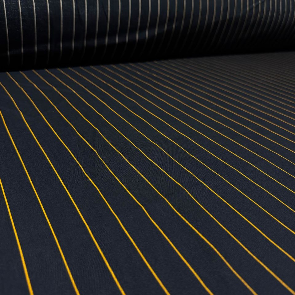 İthal Viskon Kumaş %100 Pamuk Çift En Siyah Zemin Sarı Renk Boyuna Çizgi Desenli