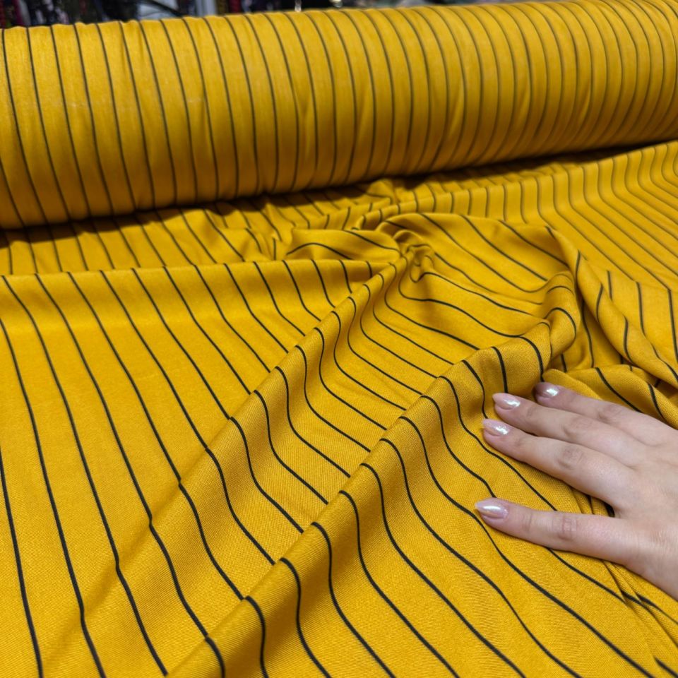 İthal Viskon Kumaş %100 Pamuk Çift En Sarı Renk Boyuna Çizgi Desenli