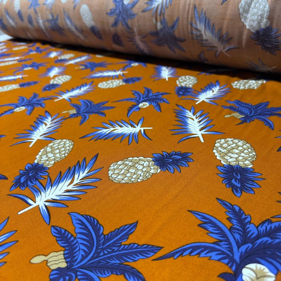 İthal Viskon Kumaş %100 Pamuk Çift En Ananas Desenli Turuncu Renk