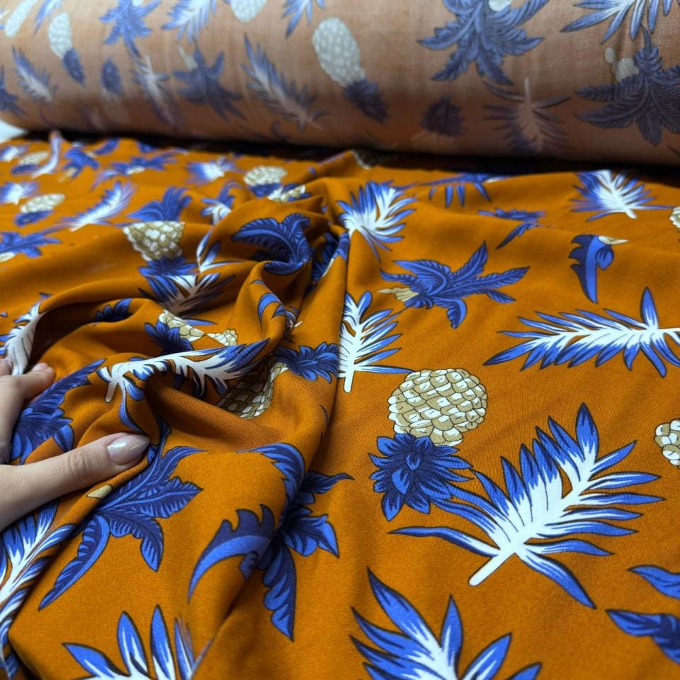 İthal Viskon Kumaş %100 Pamuk Çift En Ananas Desenli Turuncu Renk