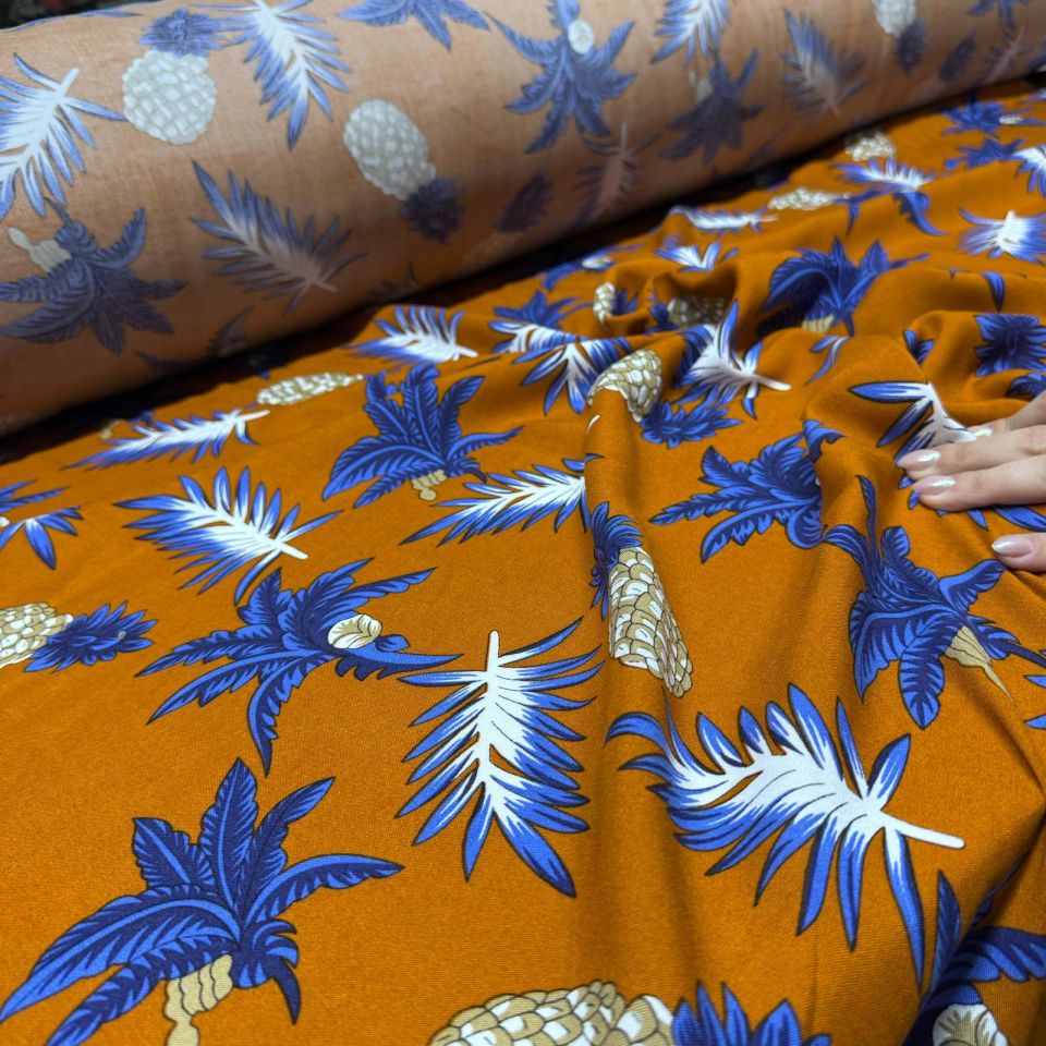 İthal Viskon Kumaş %100 Pamuk Çift En Ananas Desenli Turuncu Renk