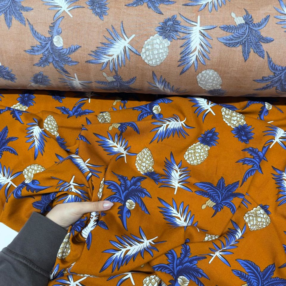 İthal Viskon Kumaş %100 Pamuk Çift En Ananas Desenli Turuncu Renk