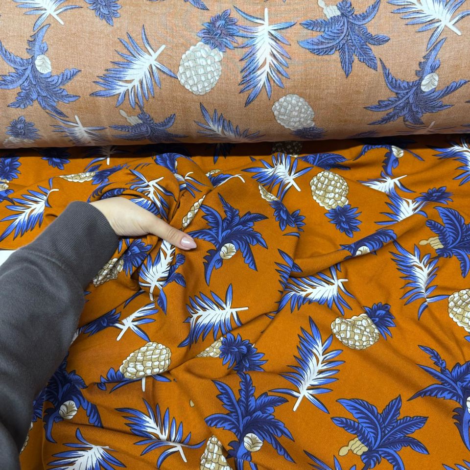 İthal Viskon Kumaş %100 Pamuk Çift En Ananas Desenli Turuncu Renk