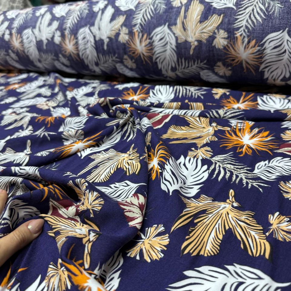 İthal Viskon Kumaş %100 Pamuk Çift En Yaprak % Çiçek Desenli Lacivert Zemin