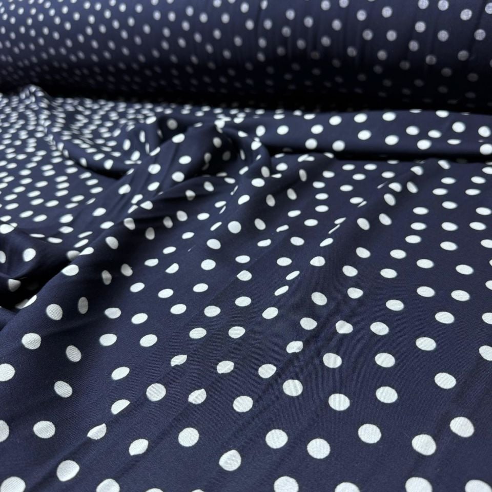 İthal Viskon Kumaş %100 Pamuk Çift En Lacivert Renk Beyaz Puantiyeli