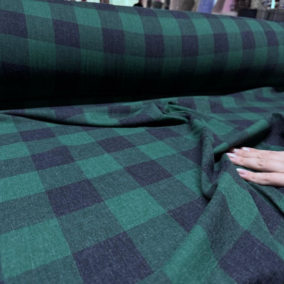 Yün Viskon Kumaş Çift En %100 Pamuk Kareli Yeşil & Siyah Renk