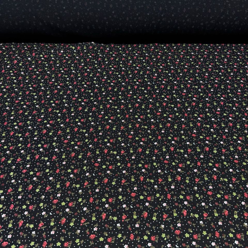 Fitilli Kord Empirme Viskon Kumaş En 165 cm Çiçek Desenli Siyah Zemin