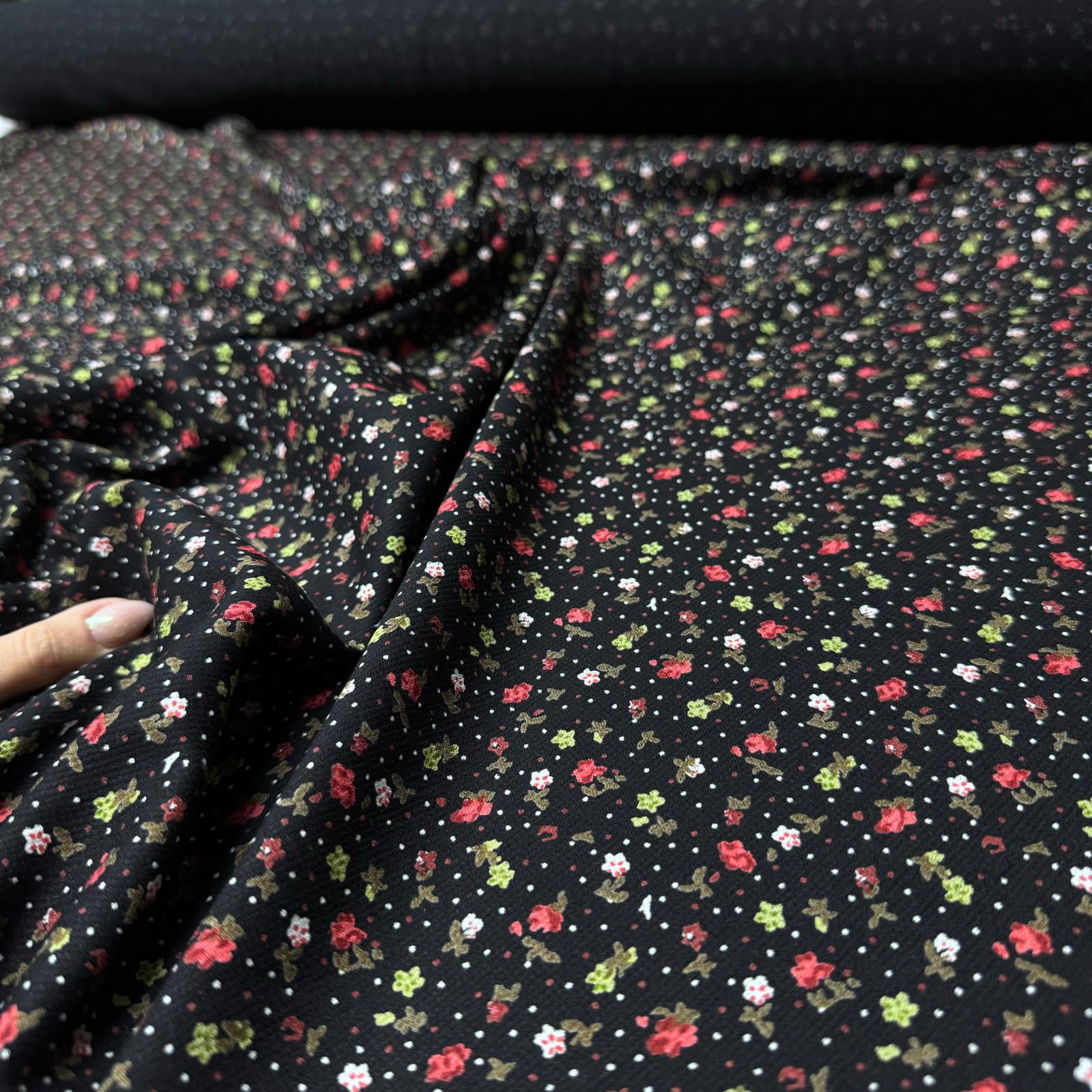 Fitilli Kord Empirme Viskon Kumaş En 165 cm Çiçek Desenli Siyah Zemin