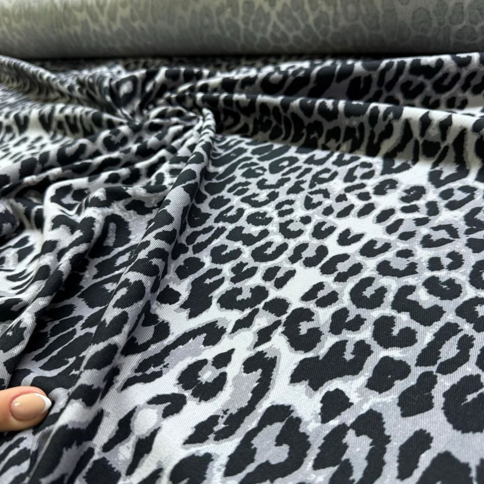 Gabardin Kumaş %100 Pamuk Leopar Desenli Çift En Gri Antrasit Renk