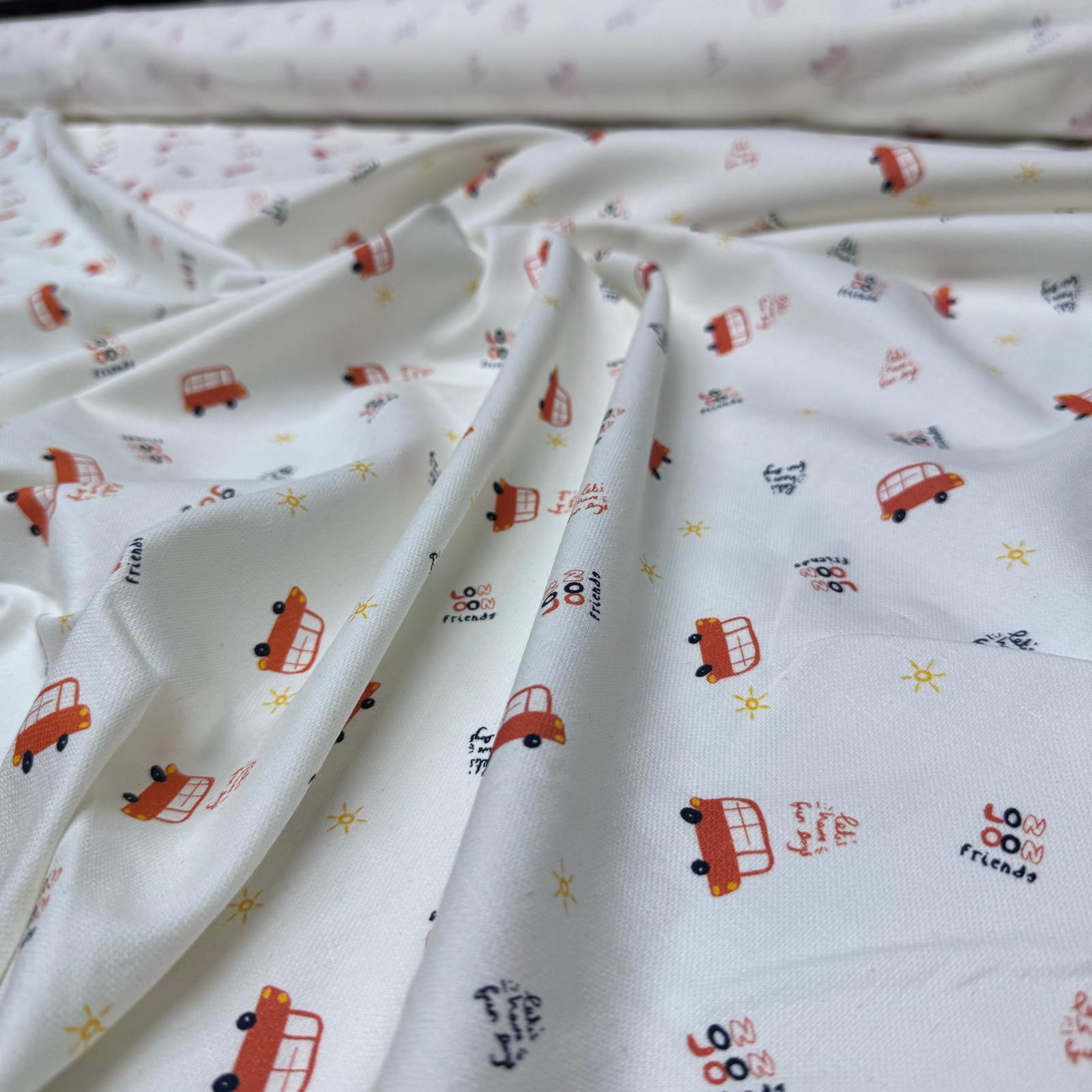 İnce Gabardin Kumaş %100 Pamuk Çift En Turuncu Araba Desenli