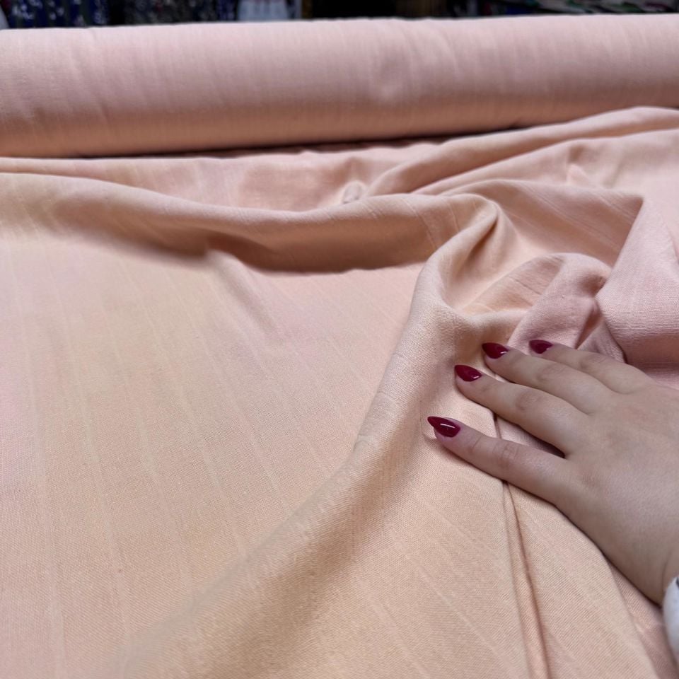 Çift Kat Müslin Kumaş Çift En Organik %100 Pamuk Somon Renk Boyuna Çizgili Desen