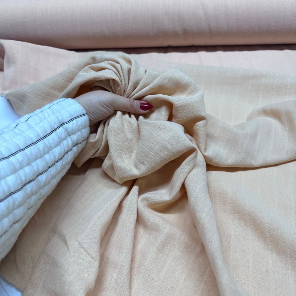 Çift Kat Müslin Kumaş Çift En Organik %100 Pamuk Somon Renk Boyuna Çizgili Desen