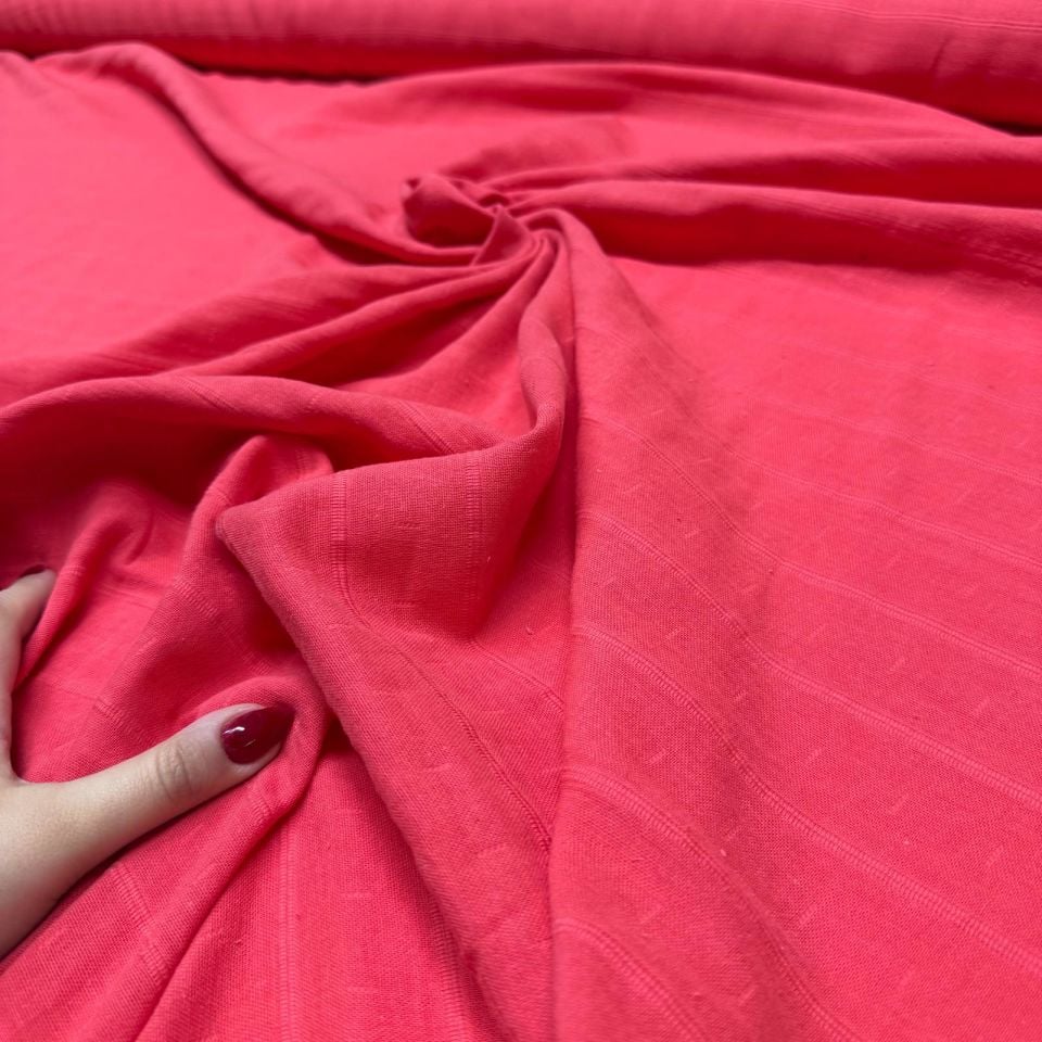 Çift Kat Müslin Kumaş Çift En Organik %100 Pamuk Mercan Renk Enine Çizgili Desen