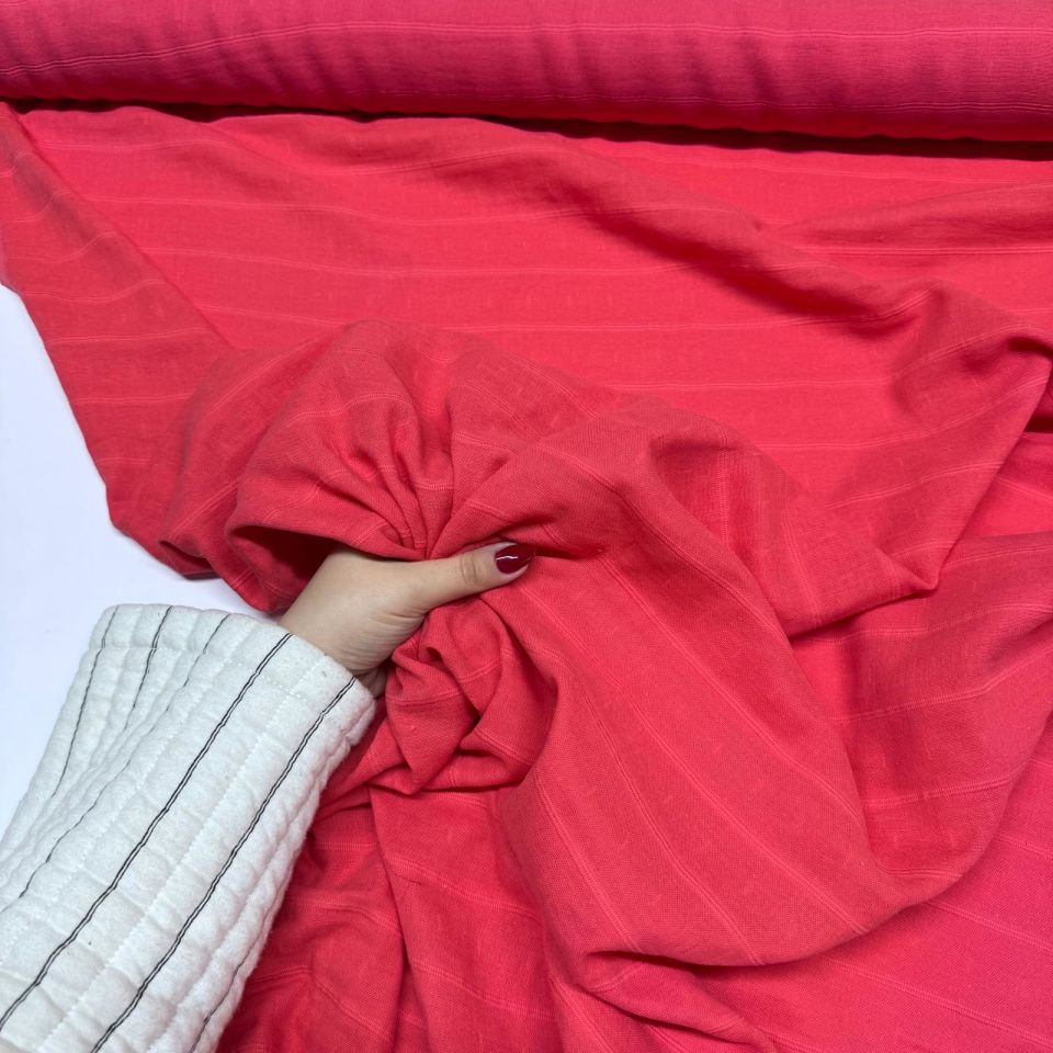 Çift Kat Müslin Kumaş Çift En Organik %100 Pamuk Mercan Renk Enine Çizgili Desen