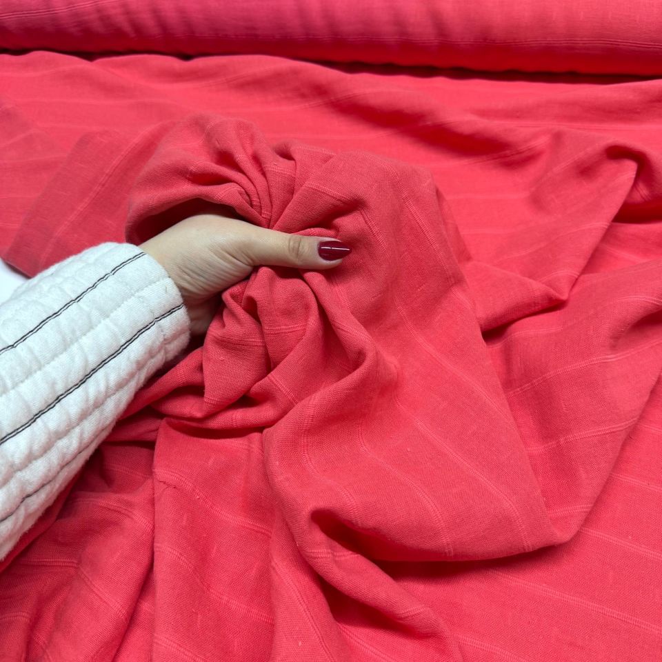 Çift Kat Müslin Kumaş Çift En Organik %100 Pamuk Mercan Renk Enine Çizgili Desen