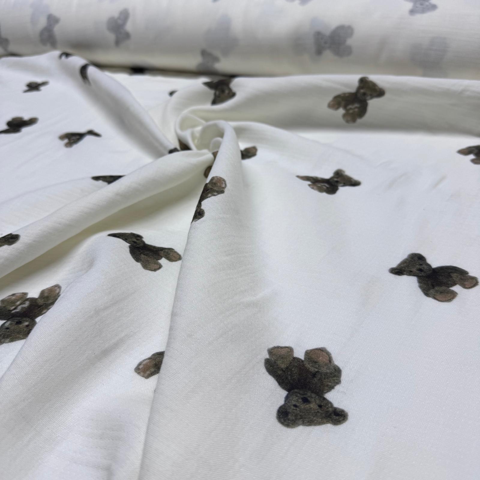 Organik Çift Kat Müslin Kumaş %100 Pamuk Ekru Üzeri Ayıcık Desenli