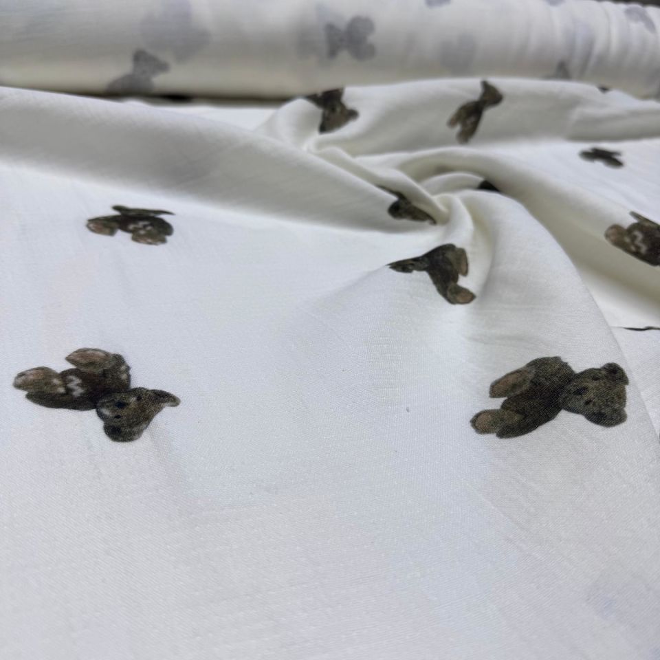 Organik Çift Kat Müslin Kumaş %100 Pamuk Ekru Üzeri Ayıcık Desenli