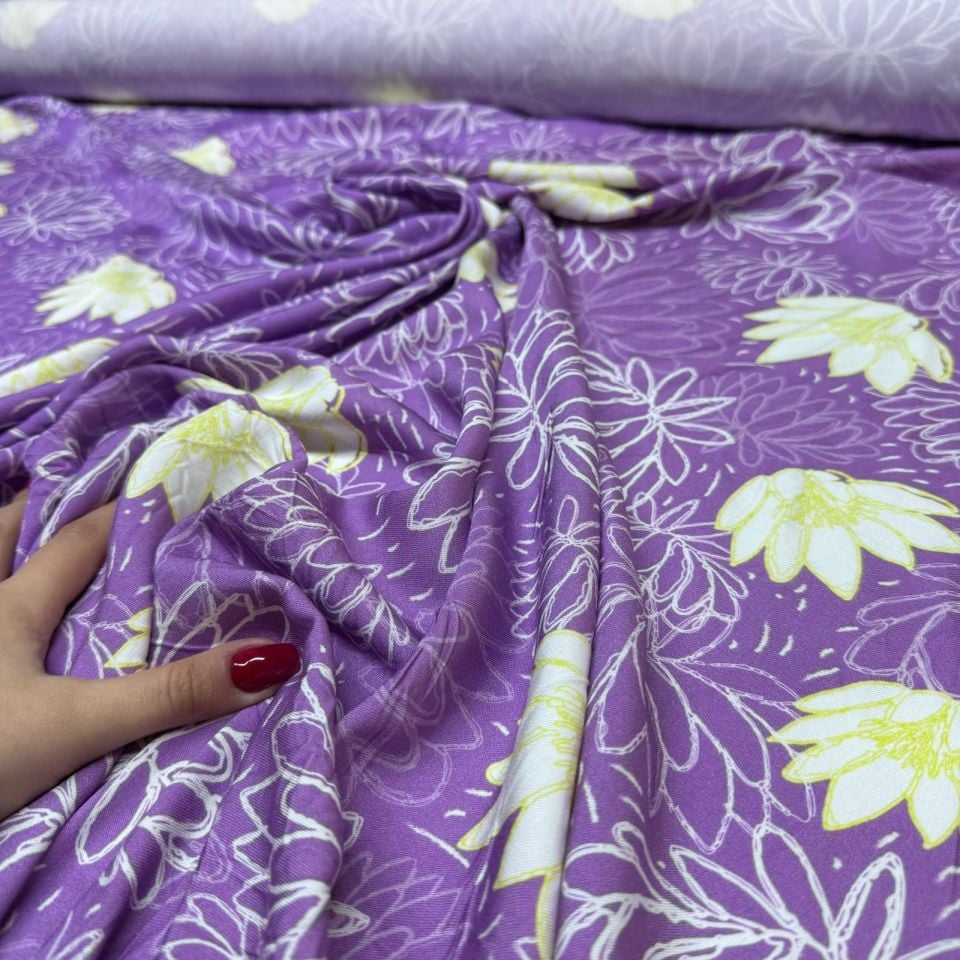 Belmando Kumaş Çift En Mor&Lila Zemin Çiçek Desenli