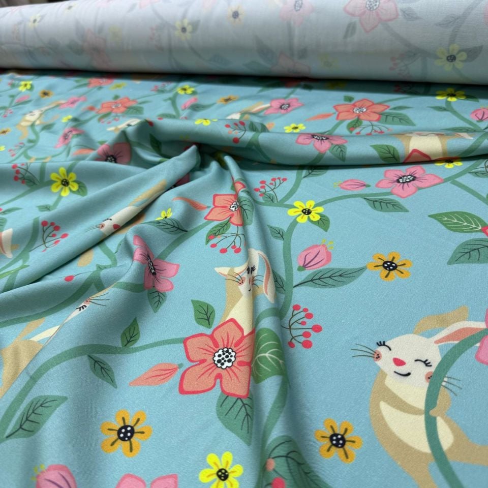 Belmando Kumaş Turkuaz&Su Yeşili Zemin Renkli Sevimli Tavşan ve Çiçek Desenli Çift En